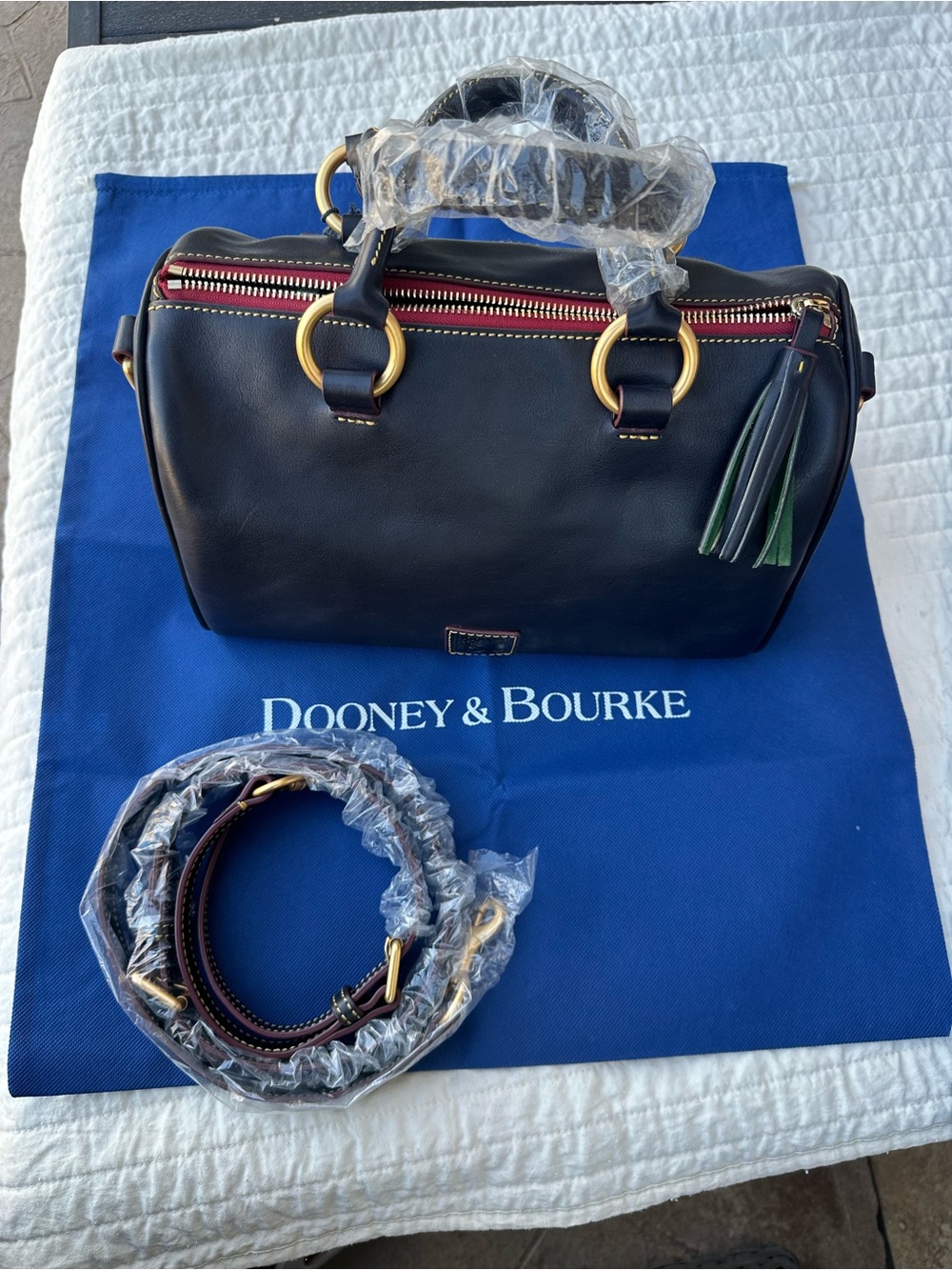 Dooney & Bourke Navy Florentine Satchel with Gold Hardware and Navy Tassel - Picture 2 of 13